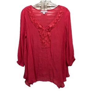 Counterparts Pink Crochet 3/4 Sleeve Blouse Size Small‎ Shark Hem Boho